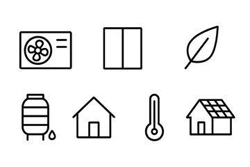 Home comfort and sustainability icons: air conditioner, window, leaf, water tank, house, thermometer, solar panel