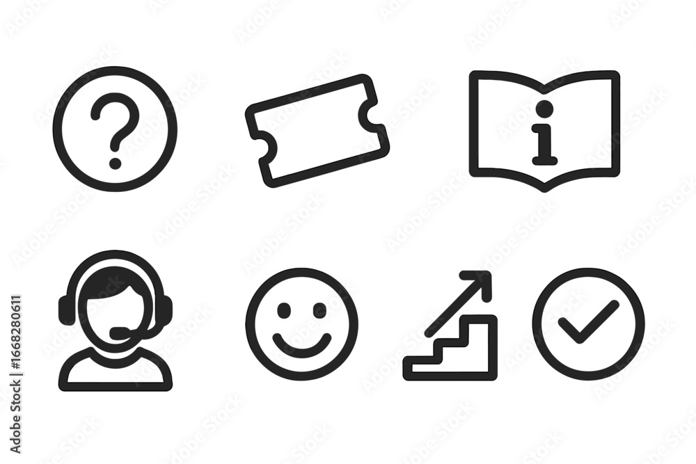 Poster collection of simple icons representing customer support, information, and progress with a question 