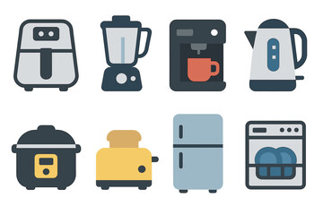 Modern kitchen appliances set, including air fryer, blender, coffee maker, kettle, toaster, refrigerator