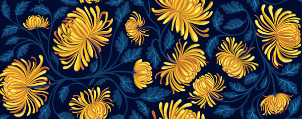Hand drawn seamless pattern with beautiful chrysanthemums and leaves. Vector illustration, retro style. Can be used for embroidering flowers, wallpaper, banners, covers etc.	