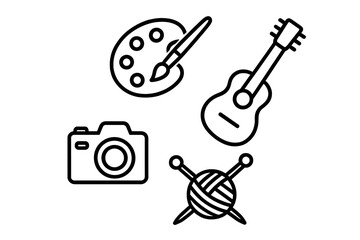 Creative hobby icons: guitar, camera, paint palette, knitting needles with yarn