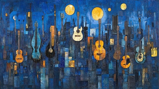 Night city with guitars and moons; abstract art; possible use for music poster or album cover