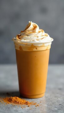 Warm pumpkin spice latte in disposable cup on grey surface , background, foodie, drink
