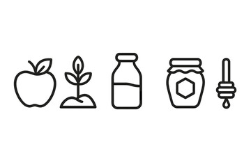 Food and agriculture line icons: plant sprout, milk bottle, honey jar, and dipper