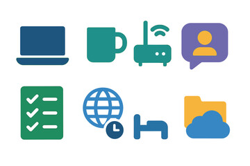 Collection of modern flat icons representing technology, communication, and lifestyle elements like laptop, coffee cup, router, user, checklist, globe, bed, and cloud storage