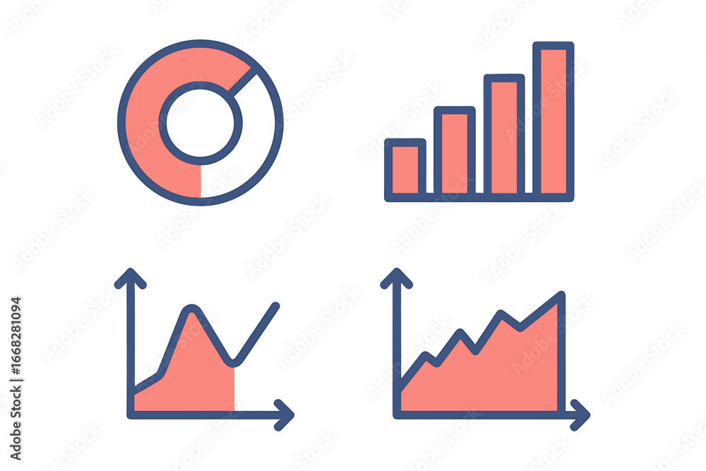 Poster flat chart icons with upward trends and data visualization elements on white background