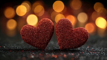 Two glittery red hearts close up with soft bokeh lights romantic symbolism