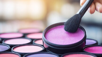 Close-up of a hand applying makeup with a brush on vibrant purple blush, surrounded by various colorful cosmetic containers, showcasing beauty and artistry in makeup application