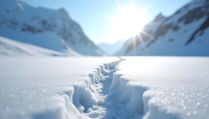 Obraz premium A low-angle, focused shot of deep boot prints in the soft snow across a glacier in Gilgit. Ahead, towering ice walls rise sharply, glowing under the morning sun. This simple trail tells a story of 