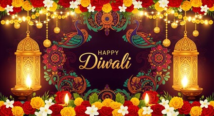 Vibrant Diwali celebration with lanterns and flowers on a dark background