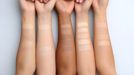 Diverse arms displaying various skin tones with makeup swatches on forearms, showcasing inclusivity in beauty products and highlighting the importance of representation in cosmetics