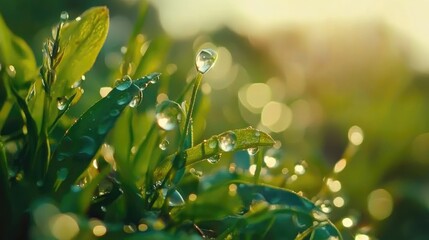 Beautiful large drops of fresh morning dew macro in nature. Drops transparent water on grass. Spring background with copy space.