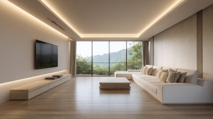 Modern living room with floor-to-ceiling windows showcasing a mountainous green landscape