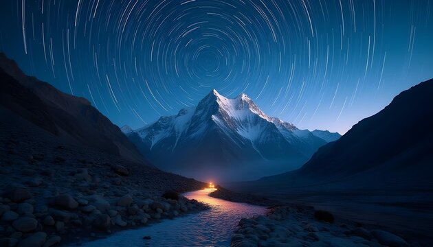 A long-exposure night shot of Rakaposhi under the starry sky, with brilliant star trails spinning around the peak. The snow glows under faint moonlight. In the valley below, a winding path lit by head
