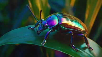 Naklejka premium Vibrant iridescent beetle perched on a leaf showcasing a spectrum of colors, macro photography