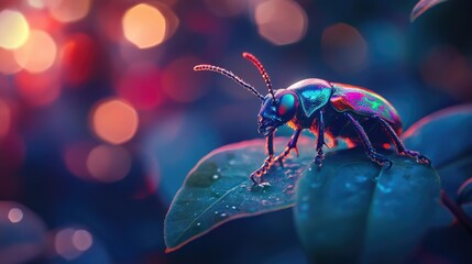 Vibrant iridescent beetle perched on a leaf showcasing a spectrum of colors, macro photography