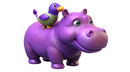 Naklejka premium Cartoon purple hippo with bird on its back isolated