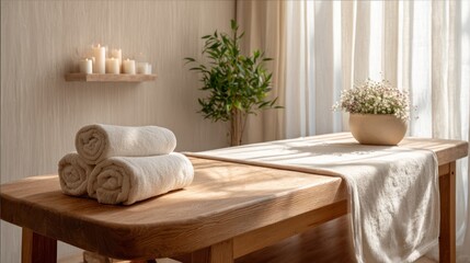 A spa setting bathed in sunlight, featuring a wooden table, towels, candles, and delicate flowers