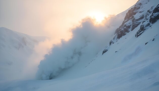 A dramatic, action-filled moment as a snow avalanche rushes down Nanga Parbat&rsquo;s slopes, kicking up a towering cloud of ice and debris. The sunlight catches the top of the cloud, creating a glowing