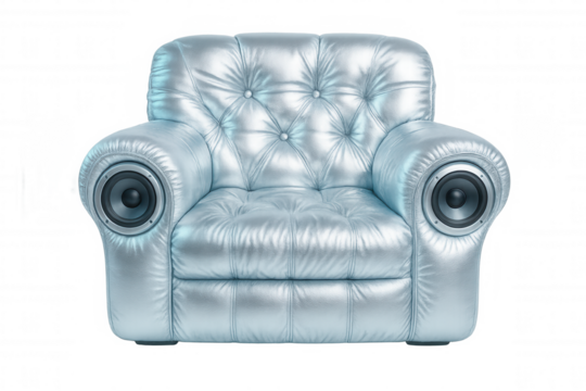 Sleek silver leather armchair featuring integrated speakers, delivering immersive sound experience for modern music enthusiasts