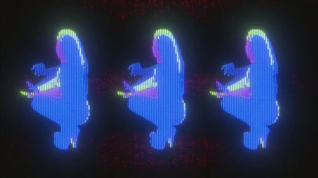 4K Glitchy silhouettes of woman squatting and dancing in retro VHS club visual, repeating female dancer silhouettes with neon glitch effects, club background loop