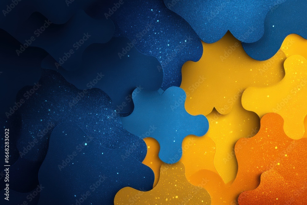 Poster abstract background of interlocking blue and yellow shapes with gradient texture