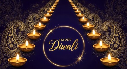 Digital illustration of lit diyas with Happy Diwali text on a dark blue background with gold accents.