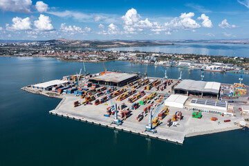 Naklejka premium Aerial view to new container unloading terminal of port of Burgas, Bulgaria. Logistics and transport 