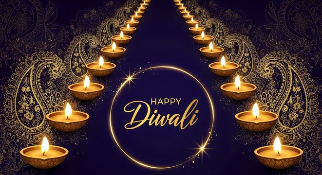 Digital illustration of lit diyas with Happy Diwali text on a dark blue background with gold accents.