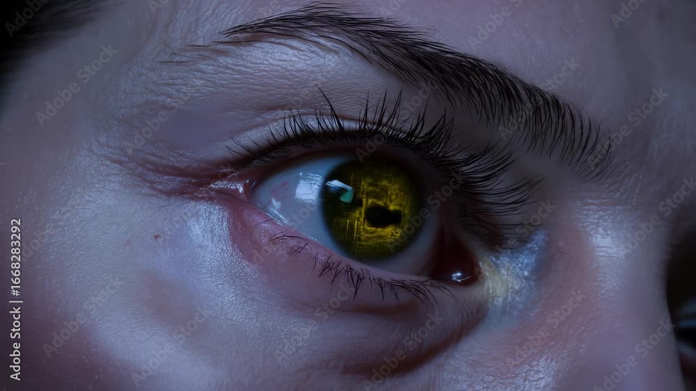 Poster intricate human eye revealing advanced technological integration, showcasing microscopic transformat