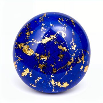 Iridescent azure sphere with golden inclusions, presenting luxury aesthetic on white background