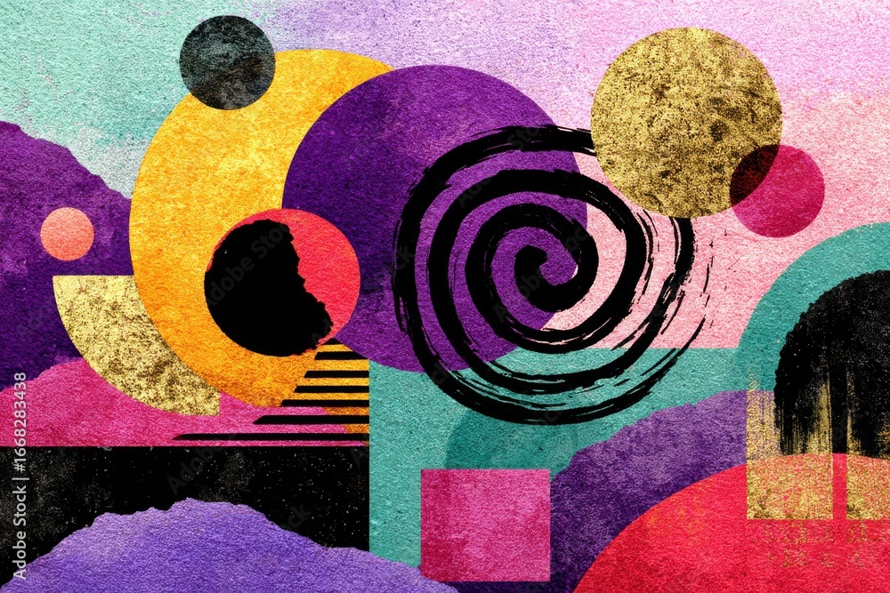 Poster colorful abstract artwork with geometric shapes and textured patterns