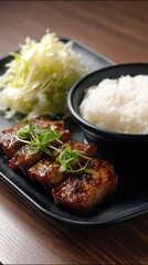 Grilled pork with microgreens, shredded cabbage, and steamed rice on black plate, Japanese cuisine, appetizing and fresh meal