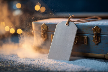 Luggage tag mockup | Blank textured leather tag with twine on vintage suitcase in snowy scene | Travel accessory aesthetic | Branding and personalization design