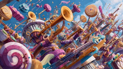 Fototapeta premium Whimsical Candy Band: Musical Instruments and Sweets in a Colorful Sky
