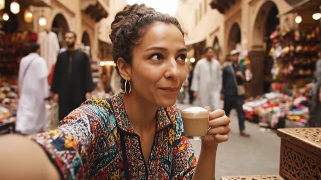 A happy young woman takes a selfie while drinking coffee in a bustling and vibrant moroccan souk in marrakech enjoying the local culture during her travels

