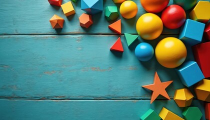 Vibrant geometric shapes, math manipulatives on rustic teal wooden surface stimulate learning. Colorful blocks, spheres, polyhedrons encourage problem-solving, creativity, cognitive development for