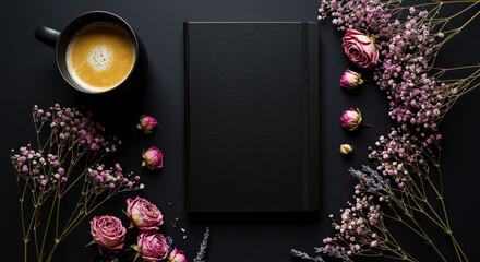 Elegant black journal with delicate roses and morning coffee ready for creative writing or scheduling tasks