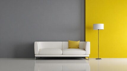 Modern living room with a white sofa, floor lamp, and vibrant color-block wall