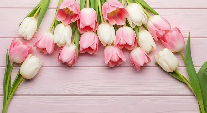 Pink and white tulips on a pastel pink wooden background, spring floral border