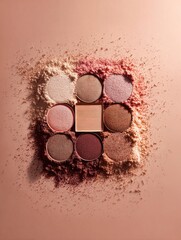 
A high-end eyeshadow palette with shades of peach, brown, and earthy tones on an isolated pastel background.