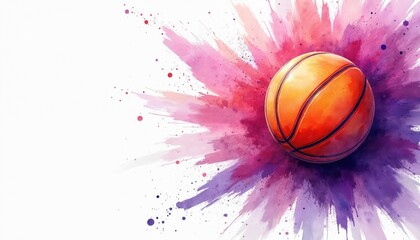 Vibrant illustration features basketball against splash of pink and purple watercolors. Orange ball with dark lines stands out against abstract background, suggesting motion and energy in sports.