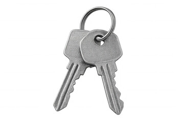 Metal keys hanging on keyring against transparent backdrop, symbolizing security and access control