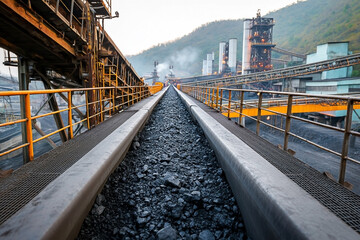 Conveyor Belt Transporting Raw Materials at Industrial Site for Processing