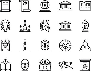 Historical culture education icons set, ancient architecture symbols, classical building, scroll, bust, helmet, mosque, coliseum, world map, monument, vector illustration, outline style