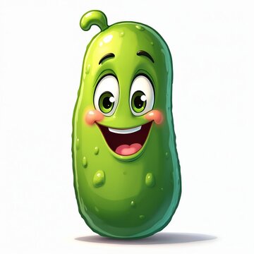 Naklejki Cheerful cartoon pickle character with big smile, funny expression. Happy vegetable illustration features bright green color, playful personality, inviting eyes. Perfect for kids content, food