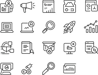 Digital media and analytics icon set, video camera, megaphone, charts, documents, laptop, magnifying glass, rocket, network, dashboard, technology, vector illustration