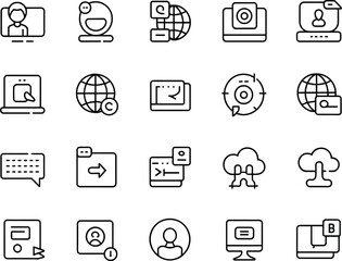 Technology and communication icon set, video call, chatbot, globe, laptop, magnifying glass, cloud, document, folder, target, coding, internet, vector illustration, black outline