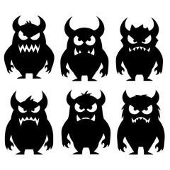Six black silhouette monsters with horns and sharp teeth in a row isolated on transparent background silhouette