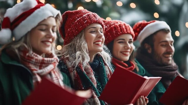 Joyful trio carols outdoors, snowy winter setting, Christmas lights, red hats, scarves, songbooks, festive cheer, holiday spirit